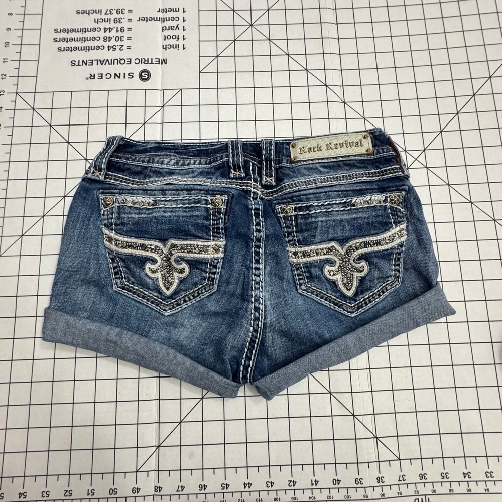 Rock Revival Alosi Skinny Denim Shorts Dark Wash Embellished Size 31 Womens